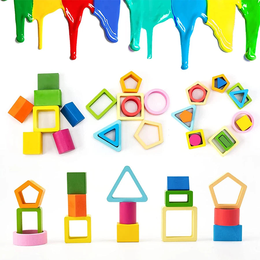 Juguetes apilables de madera para clasificar, tipo Montessori.