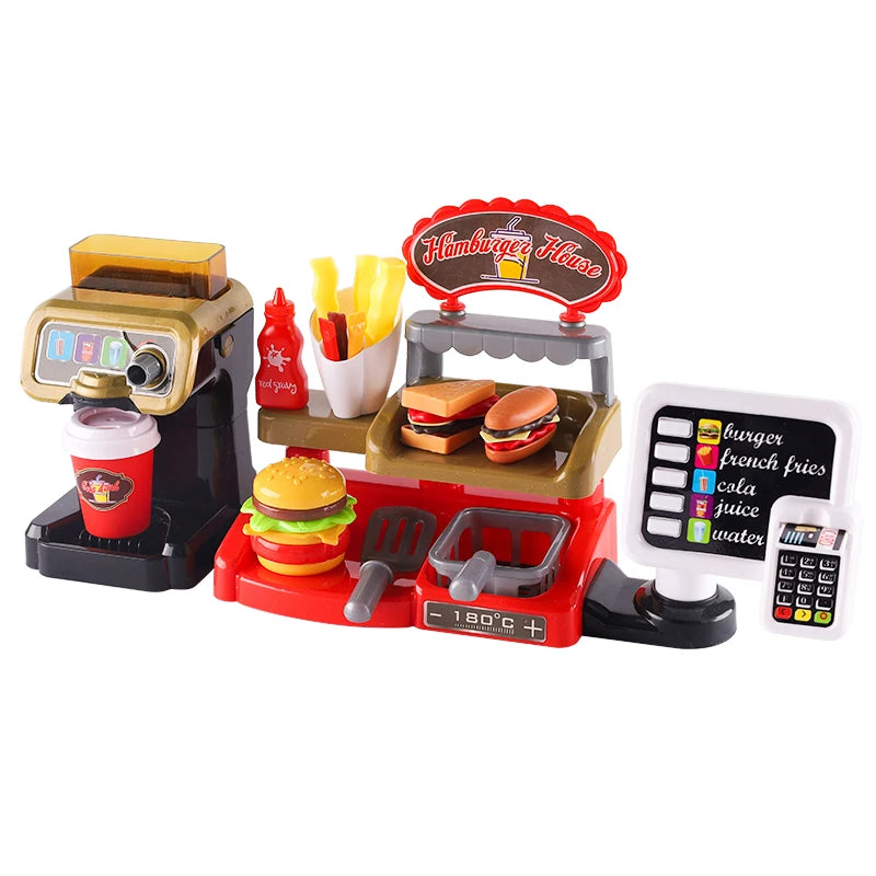 Mini juguetes educativos de rol, cocina, restaurante de comida rápida, hamburguesas, papas fritas, postres, máquina de café, cajero, .