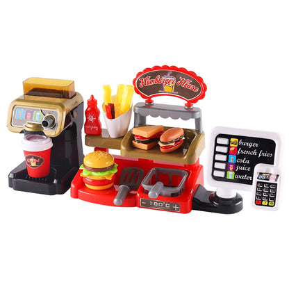 Mini juguetes educativos de rol, cocina, restaurante de comida rápida, hamburguesas, papas fritas, postres, máquina de café, cajero, .