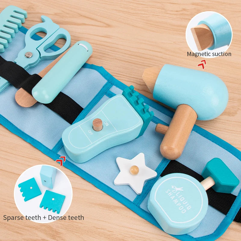 Juego de rol,  peluquería de madera, barbería, Montessori, juguetes educativos de aprendizaje para niños y niñas.