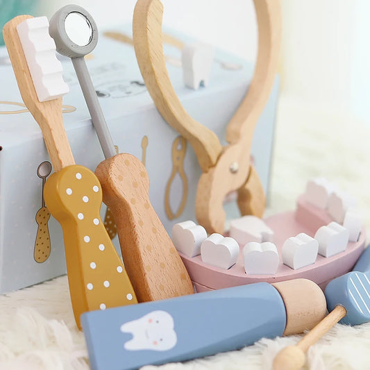 Juego de dentista de madera, para niños y niñas, aprende a cepillarse los dientes y juego de roles.