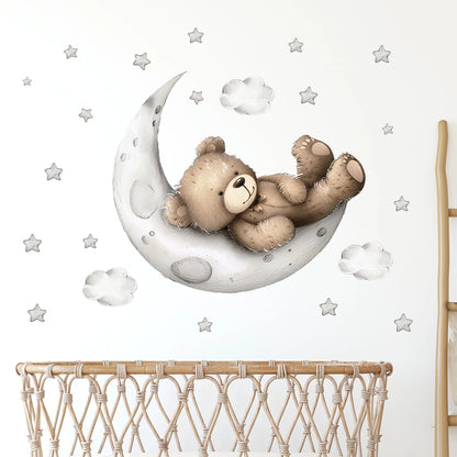 Pegatinas de pared con diseño de oso dormido, luna, estrella, para muebles, dormitorio, habitación infantil.