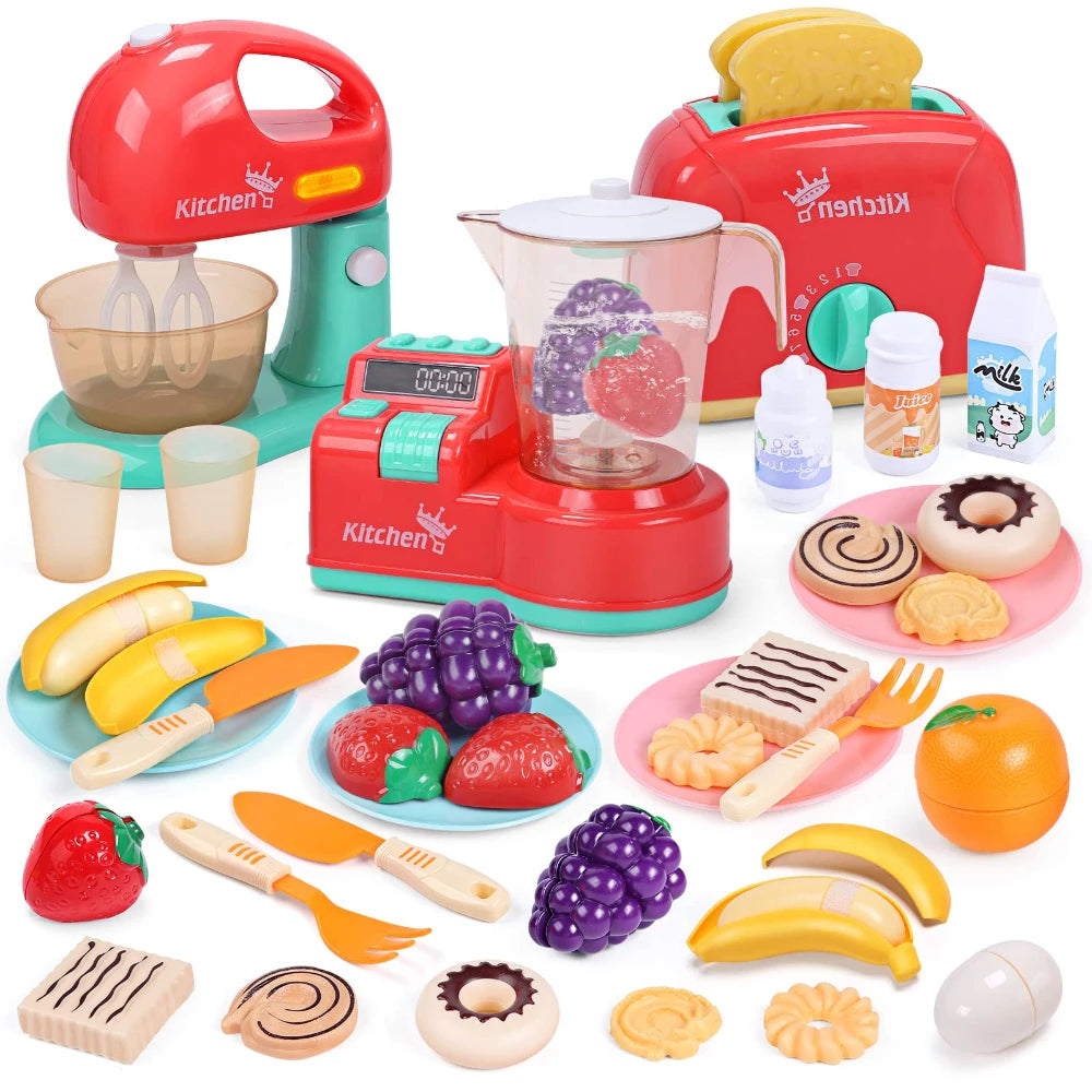 Juego de utensilios de cocina: batidora, tostadora, luces y sonidos, accesorios para niños y niñas, diversión en la cocina.