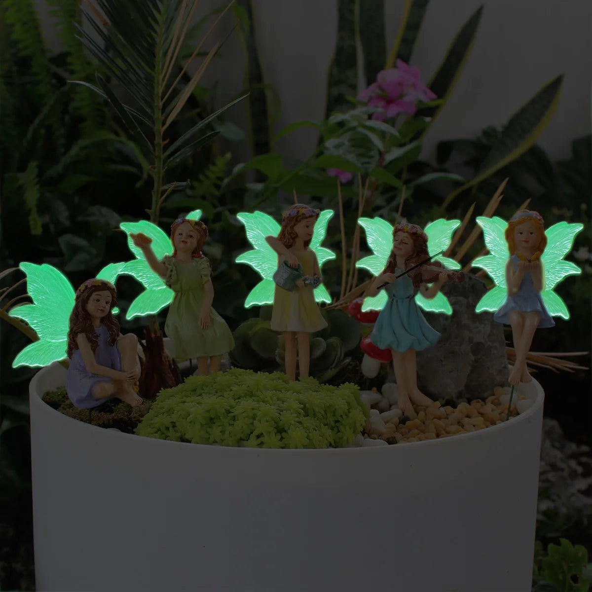 Conjunto de hadas de flores luminosas, cinco elementos decorativos enchufables, estatua de jardín de micropaisaje de hadas de resina, decoración de plantas en maceta o dormitorios infantiles.