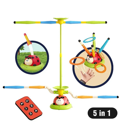 Juguetes deportivos musicales para saltar, 5 en 1, 3 en 1, juego de aros de lanzamiento y lanzador de disparos para niños y niñas, máquina multifunción para interiores y exteriores con diseño de chinita.
