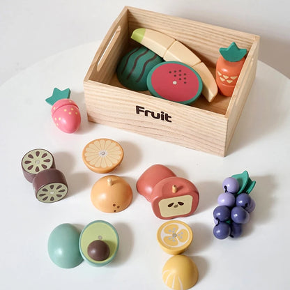 Juego de simulación de cocina, caja de madera, fruta cortada, galletas magnéticas, juego para niñas y niños.