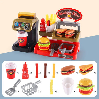 Mini juguetes educativos de rol, cocina, restaurante de comida rápida, hamburguesas, papas fritas, postres, máquina de café, cajero, .