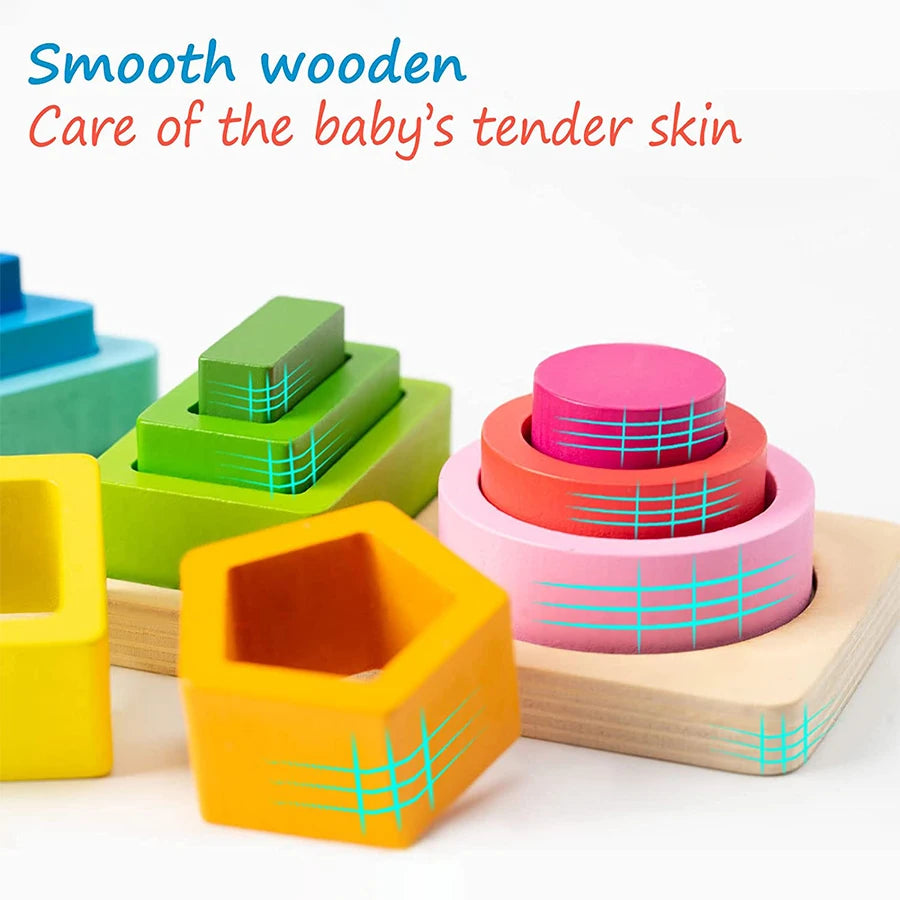 Juguetes apilables de madera para clasificar, tipo Montessori.
