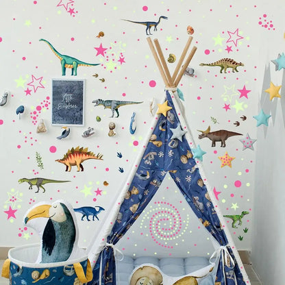 Pegatinas de pared de dinosaurios luminosos de luz verde para el hogar, dormitorio, habitación infantil, decoración, calcomanías fluorescentes de animales que brillan en la oscuridad.