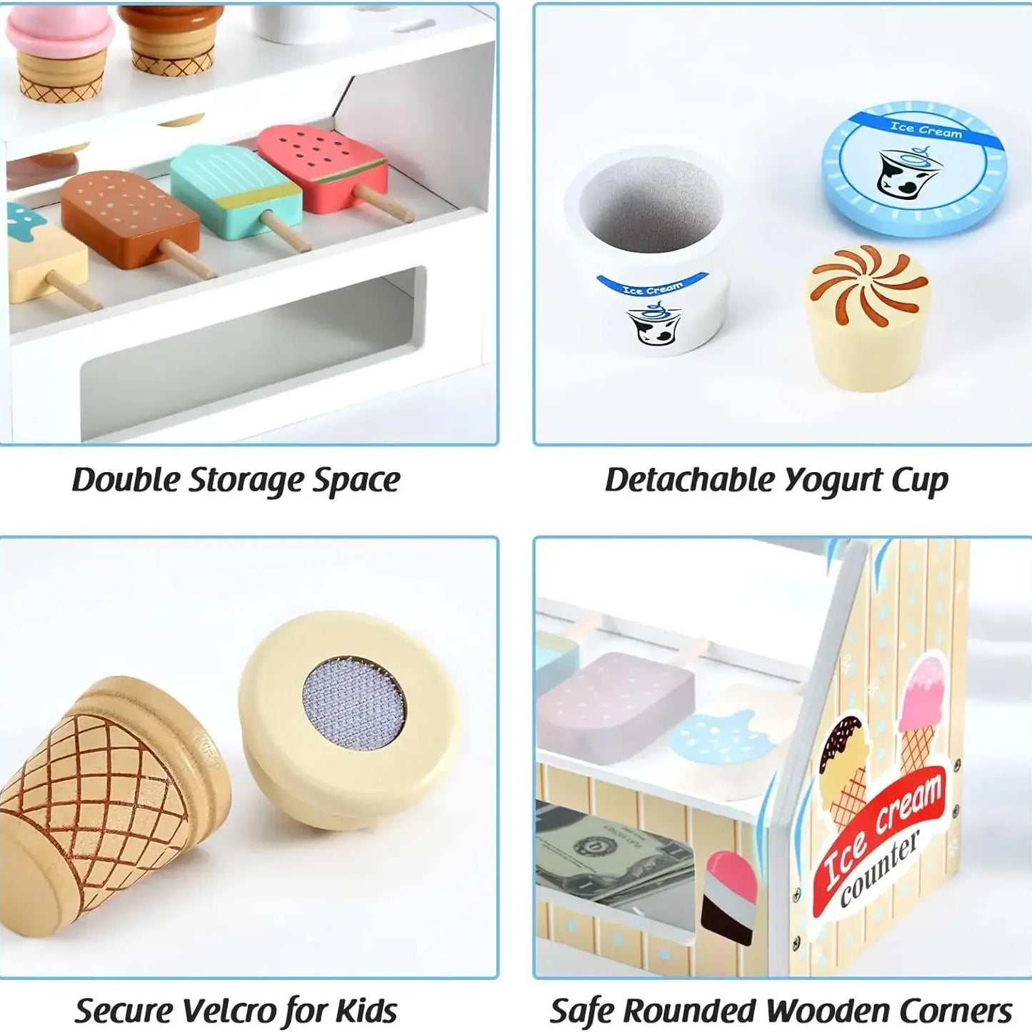 Juego de simulación heladería, Montessori para niñas y niños. Accesorios de madera, incluye monedas.