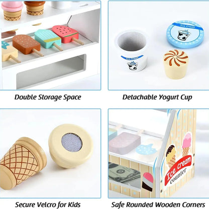 Juego de simulación heladería, Montessori para niñas y niños. Accesorios de madera, incluye monedas.