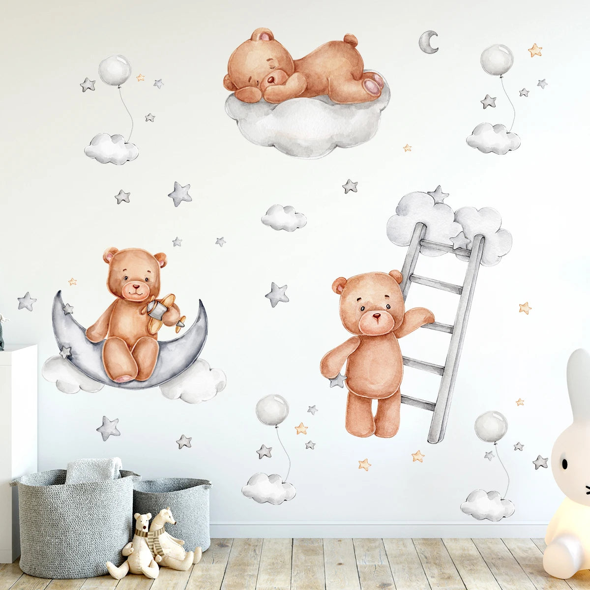 Pegatinas de pared con diseño de oso dormido, luna, estrella, para muebles, dormitorio, habitación infantil.