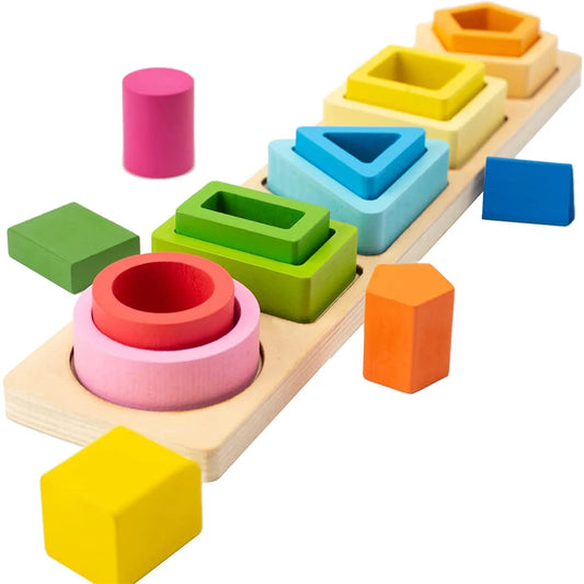 Juguetes apilables de madera para clasificar, tipo Montessori.